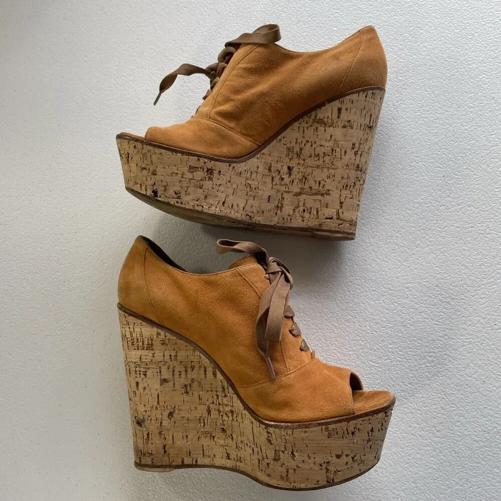 Gianvito Rossi Suede Cork Open Toe Lace Up Platform Shoes Orange/Beige Womens 37